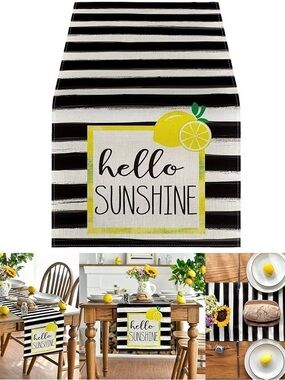 Hello Sunshine Black & cream Striped table runner with Lemon Accent